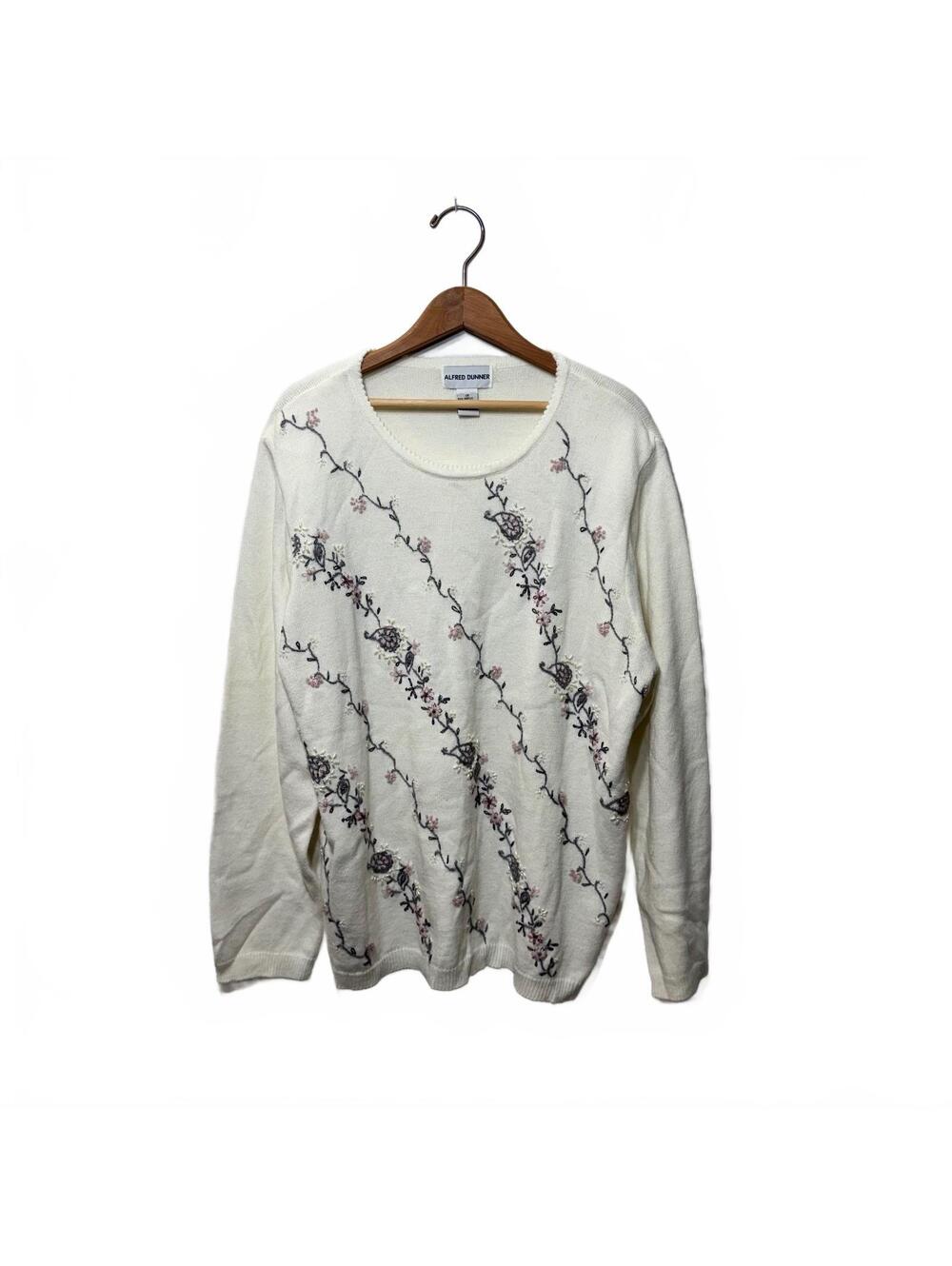 Alfred Dunner Ivory Floral Beaded Embroidered Sweater 1X